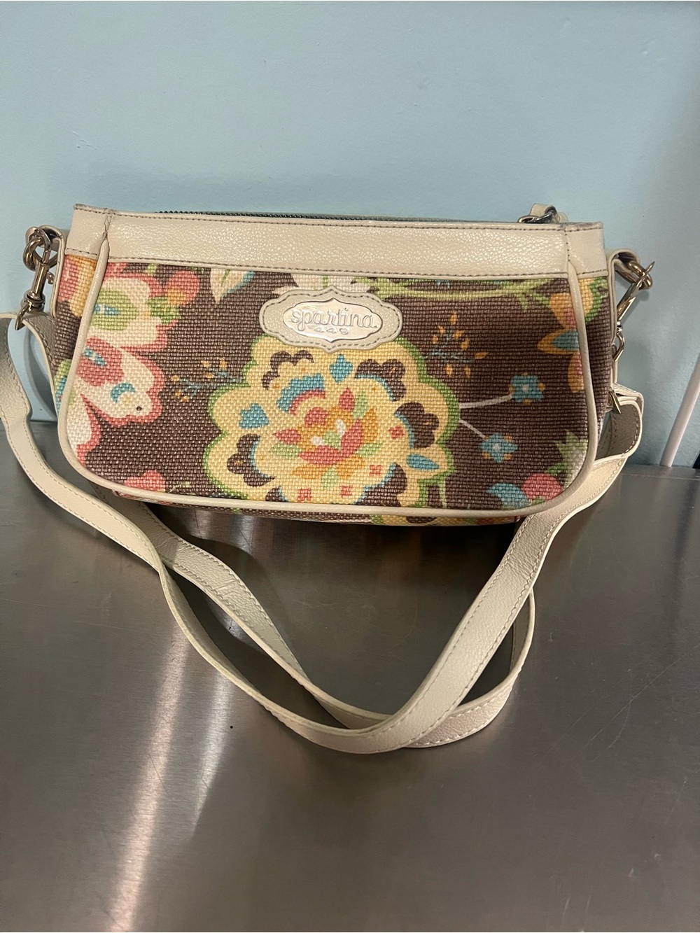 Spartina 449 Floral Crossbody in Cream and Brown with Multicolor Accents